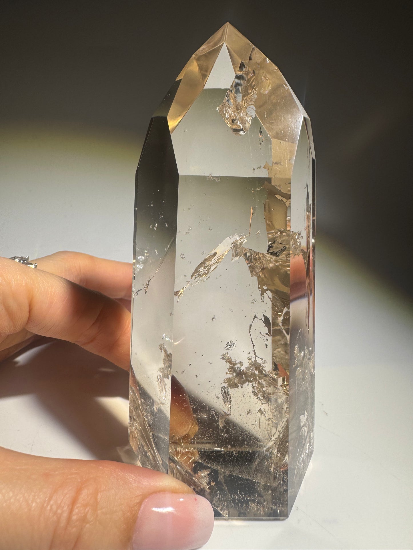 Lemurian Rauchquarz Kristallspitze mit Regenbogen – 11.5 cm, 354 g