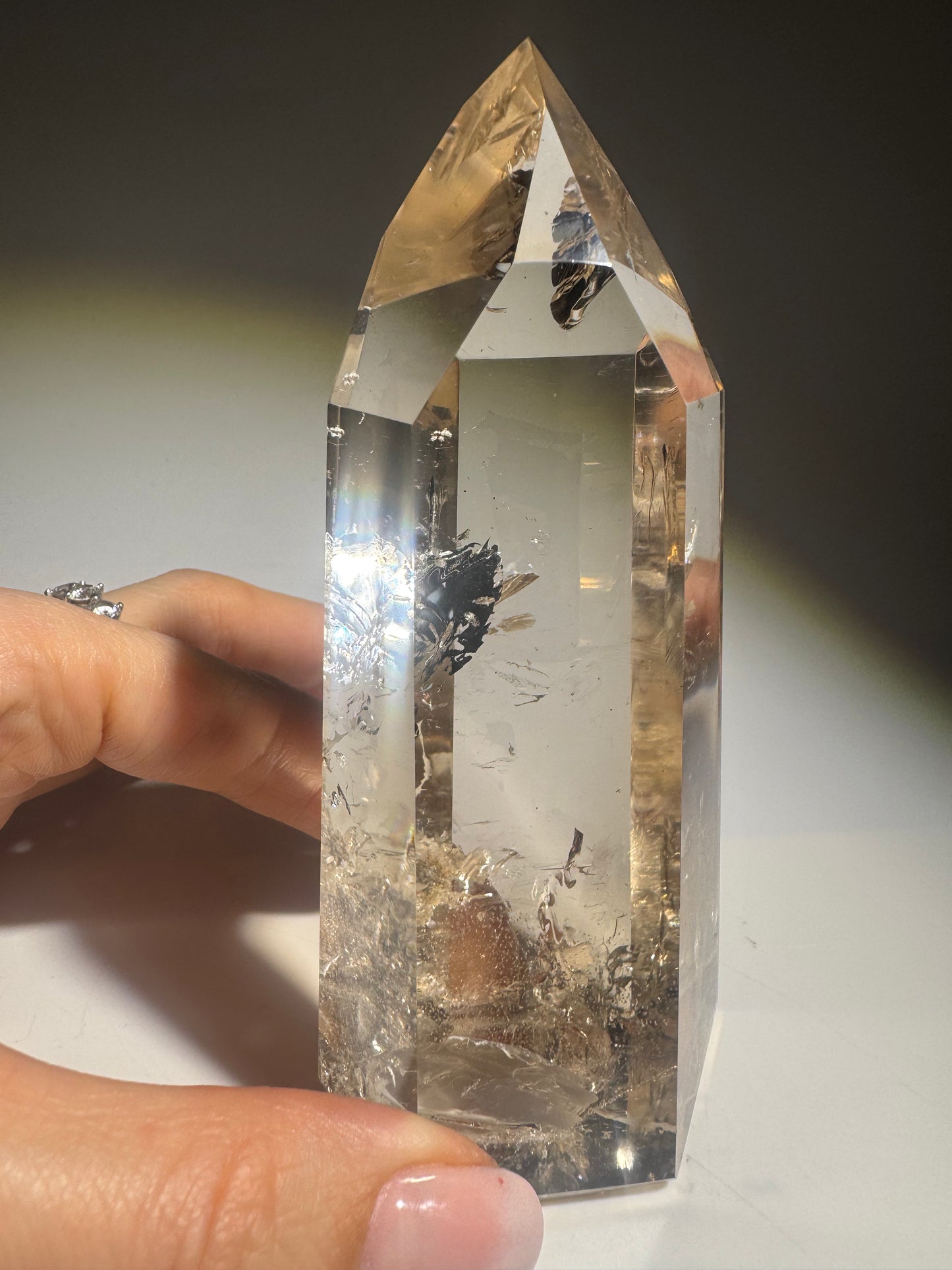 Lemurian Rauchquarz Kristallspitze mit Regenbogen – 11.5 cm, 354 g