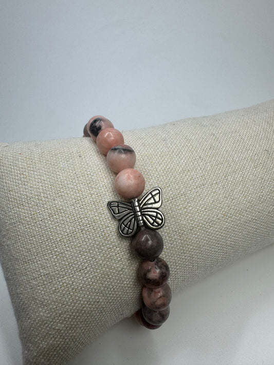 Bezauberndes Rhodonit Armband mit Butterfly - 17cm