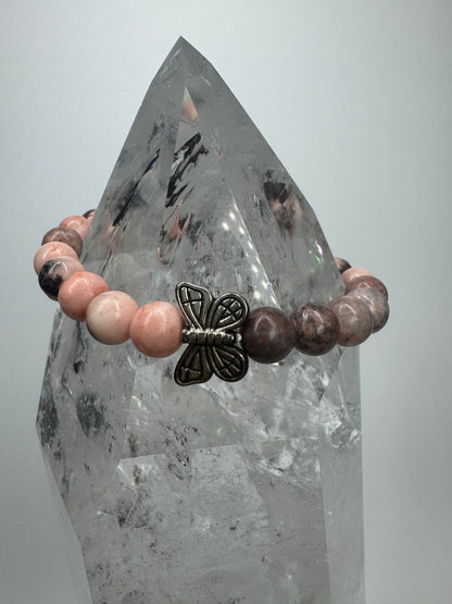 Bezauberndes Rhodonit Armband mit Butterfly - 17cm