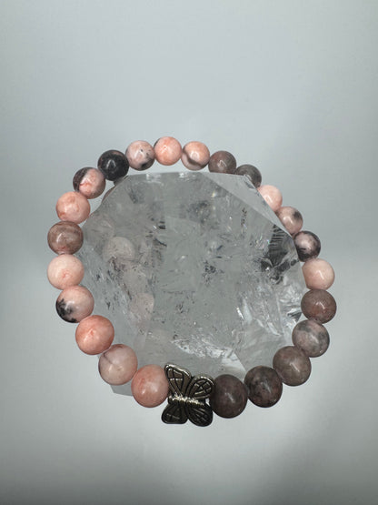 Bezauberndes Rhodonit Armband mit Butterfly - 17cm