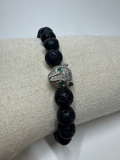Exklusives Lavastein-Armband mit Silber Panther - ca. 18cm
