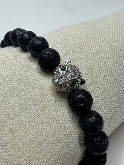 Exklusives Lavastein-Armband mit Silber Panther - ca. 18cm