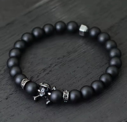 🖤 Stylishes Onyx-Armband mit Skull-Anhänger 💀 ca. 18cm