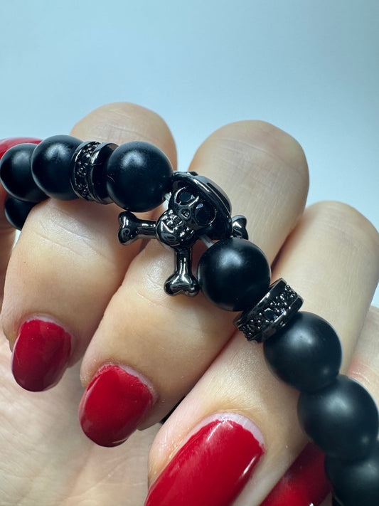 🖤 Stylishes Onyx-Armband mit Skull-Anhänger 💀 ca. 18cm