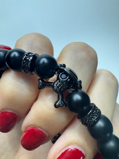 🖤 Stylishes Onyx-Armband mit Skull-Anhänger 💀 ca. 18cm