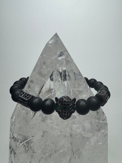 🖤 Stylishes Onyx-Armband mit Tiger-Anhänger 🐯 ca. 17cm