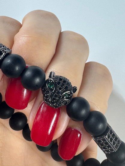 🖤 Stylishes Onyx-Armband mit Tiger-Anhänger 🐯 ca. 17cm