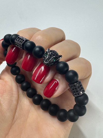 🖤 Stylishes Onyx-Armband mit Tiger-Anhänger 🐯 ca. 17cm
