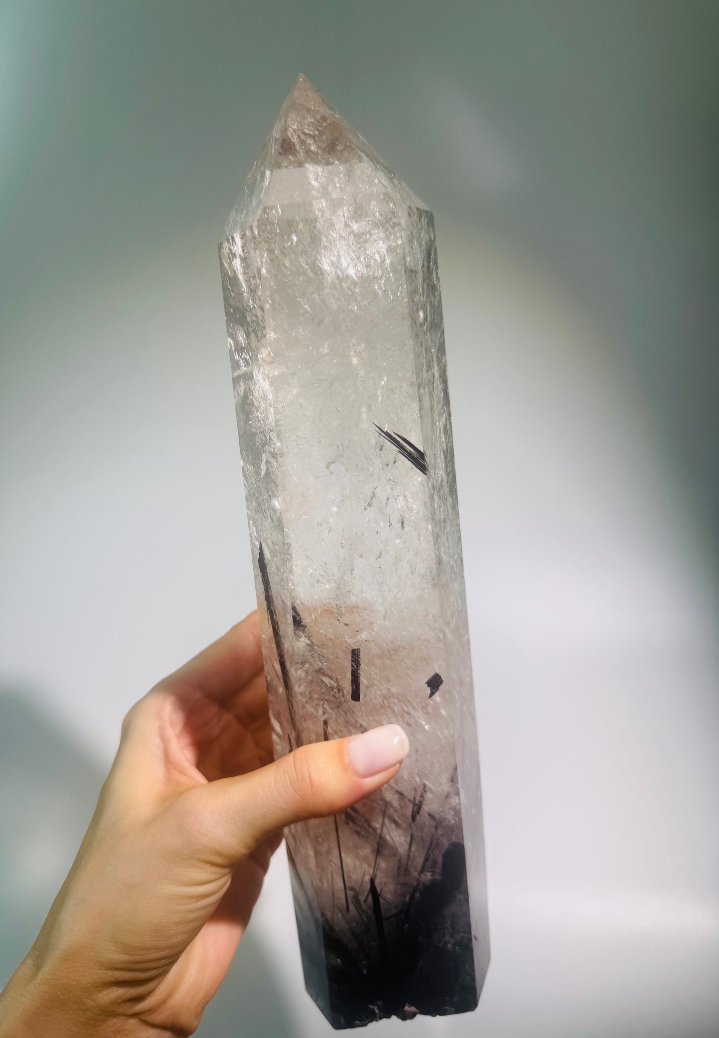 Huge rock crystal point with black tourmaline 29cm, 1.76kg 