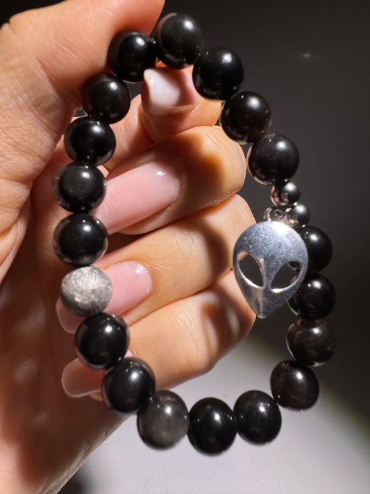 Silber-Obsidian Kette mit Alien-Head & Aletai-Meteoritenkugel