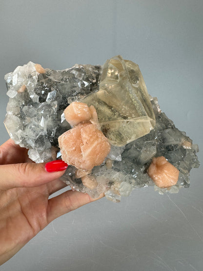 Exklusiver Diamond Apophyllite mit Stilbite und riesigem klaren Kalzit aus Indien – 18 cm, 878g