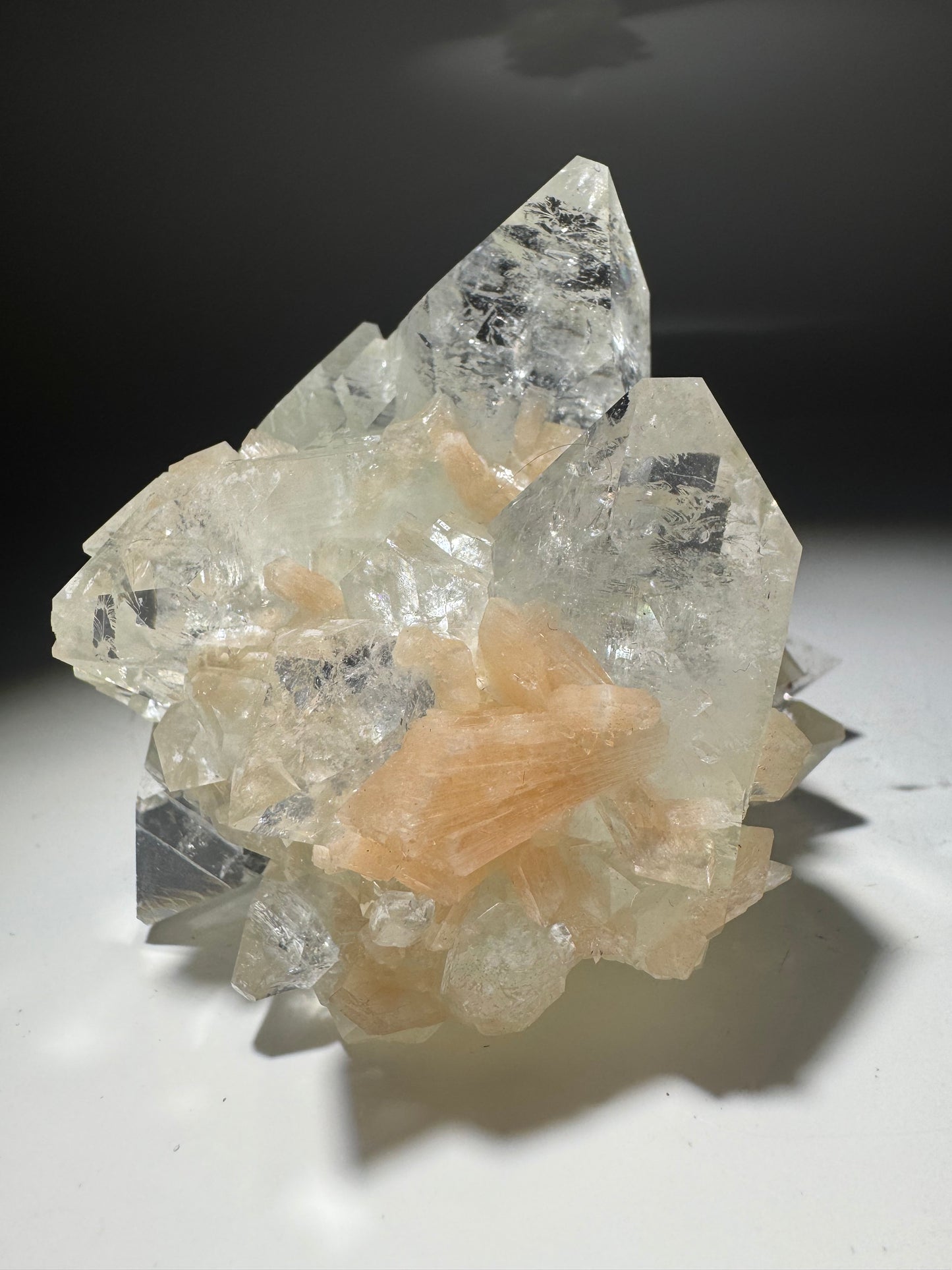 Kristallklarer Apophyllit mit aprikosenfarbenem Desmin – Museumsqualität 9,5 cm 💎