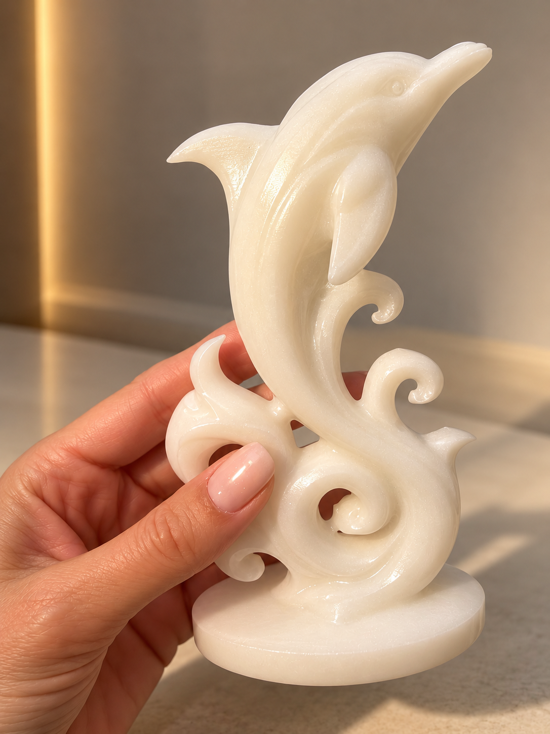 Jade-Delfin mit Wellen – geschliffene Edelsteinfigur, 14 cm
