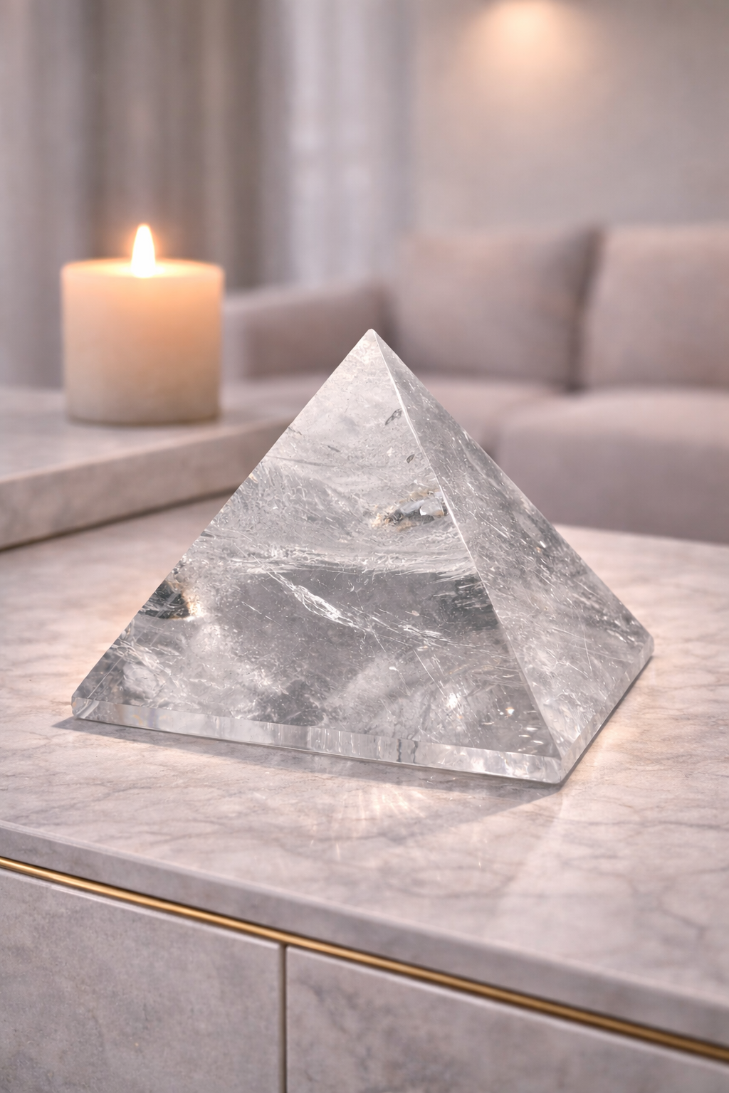 Klare Lemurian Bergkristall-Pyramide mit Regenbogenklarheit, präzise geschliffen, massives Unikat
