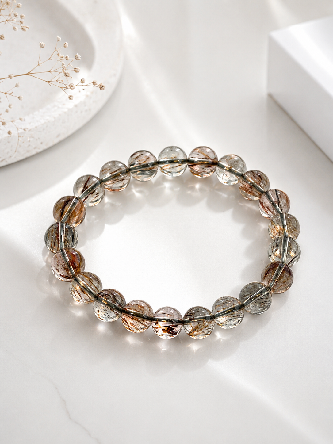 Klares Quarz Armband mit Rutilnadeln – 8 mm Naturstein Perlenarmband 18 cm, Premium Qualität