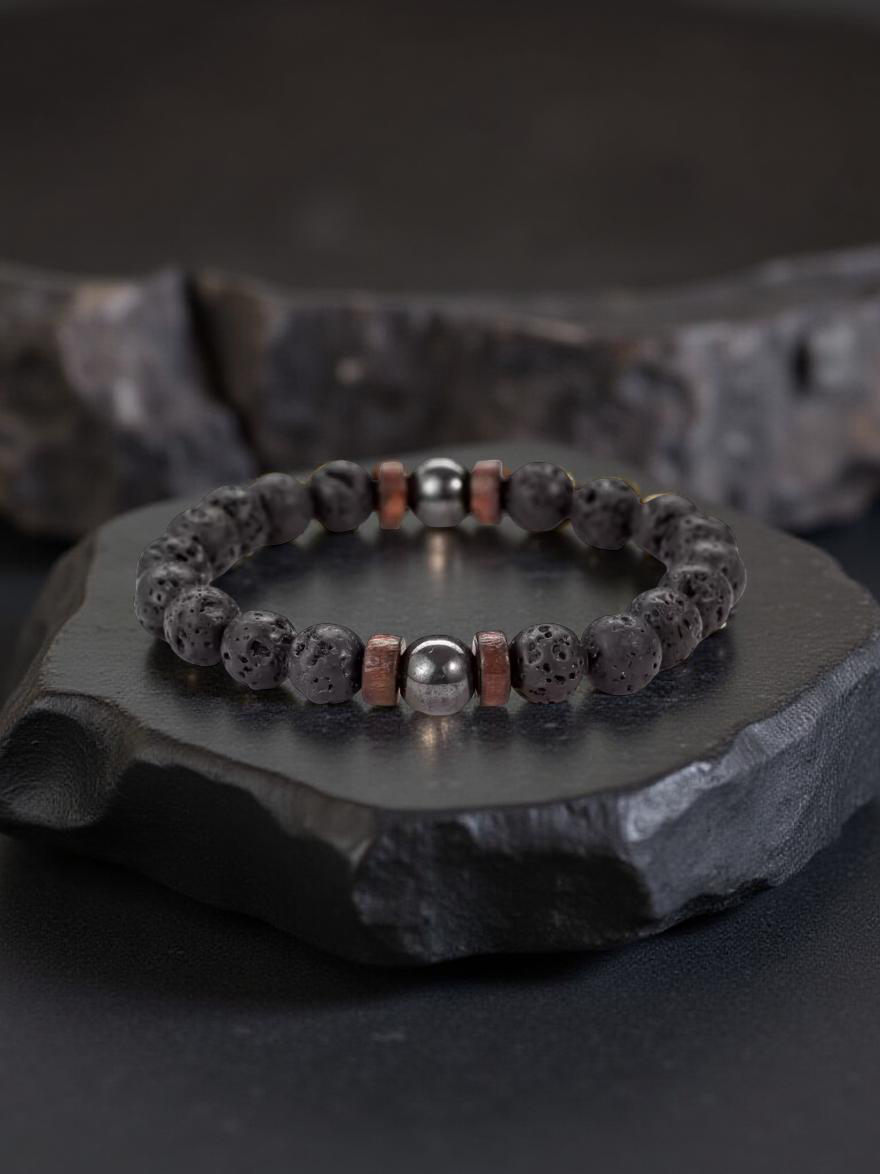 Kraftvolles Armband aus Lavasteinen, Hämatit und Holzperlen – 19 cm