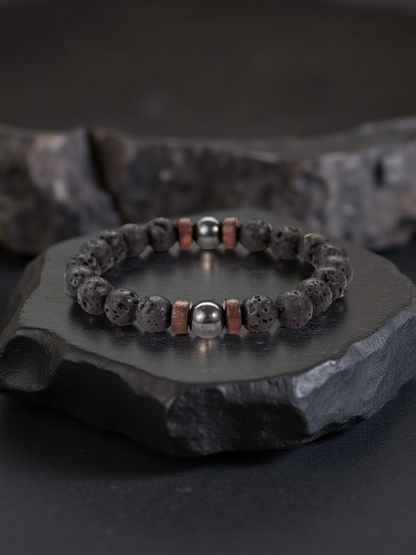 Kraftvolles Armband aus Lavasteinen, Hämatit und Holzperlen – 19 cm