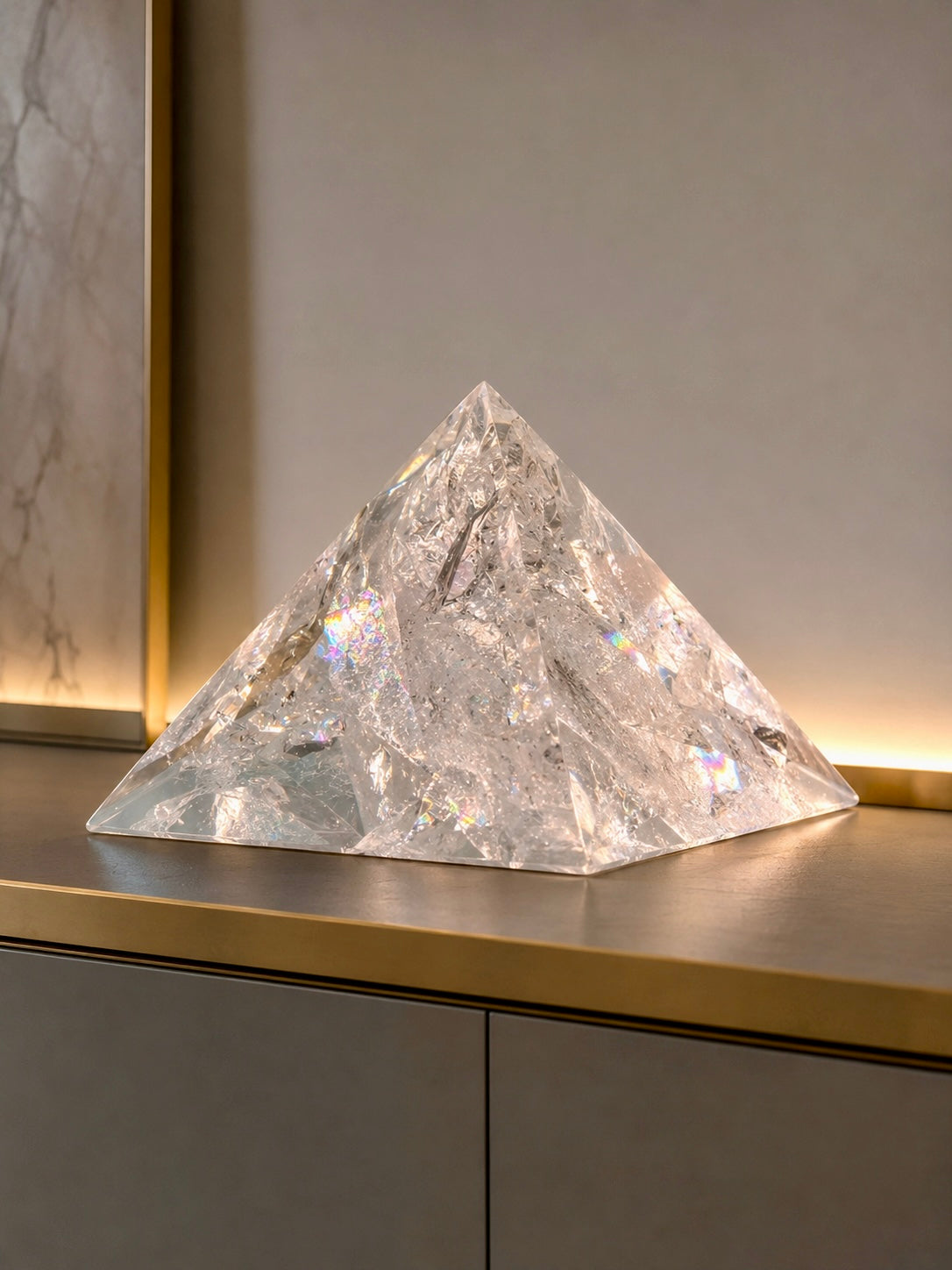 Kristall Lemurian Rainbow Pyramide XL 14,2 × 14,2 × 10,5 cm, riesig, extra klar, Brasilien