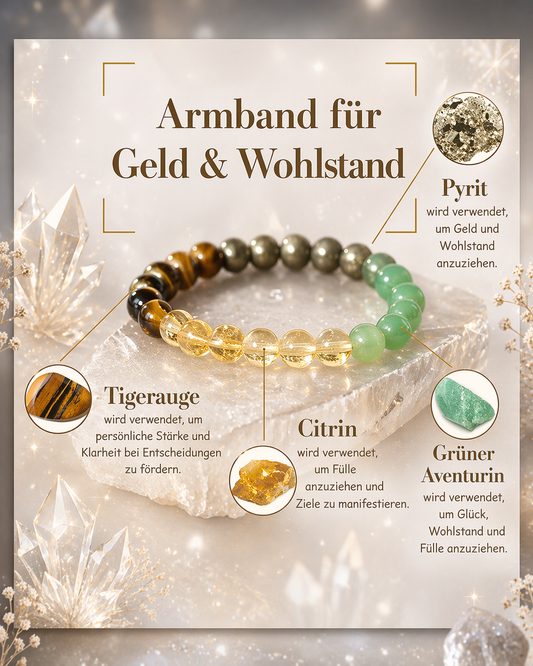 Kristallarmband für Geld und Manifestation mit Zitrin Aventurin Pyrit und Tigerauge