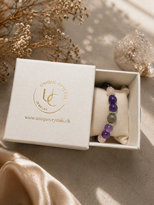 Kristallarmband für Schutz und Energie mit schwarzen Turmalin, Amethyst, Labradorit und Rosenquarz