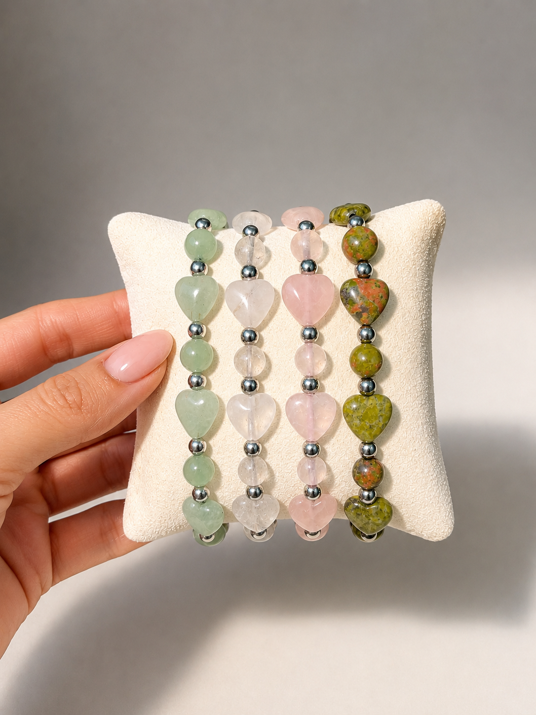 Kristallarmband mit Herz 17 cm | Bergkristall, Rosenquarz, Aventurin & Unakit