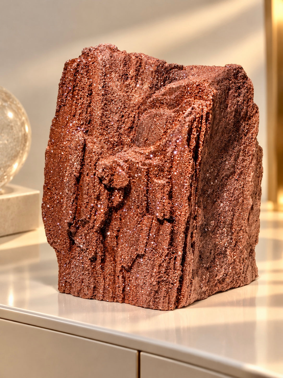 Kristallisiertes Feenholz aus Zwenkau mit natürlicher Holzstruktur und Quarzkristallen