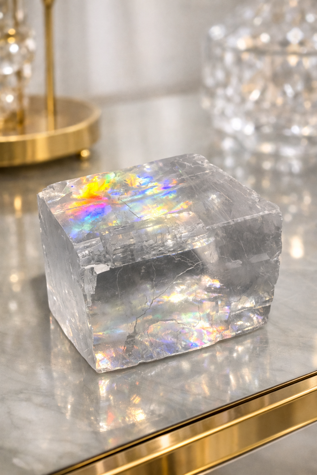 Kristallklarer Kalzit-Kubus mit Regenbogen – Premium Qualität