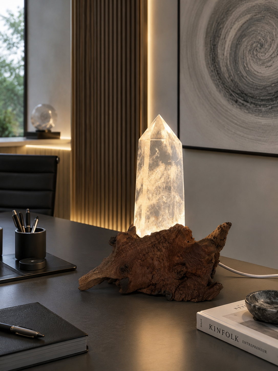 Kristalllampe Naturstein mit LED – Bergkristall Unikat auf Holzsockel