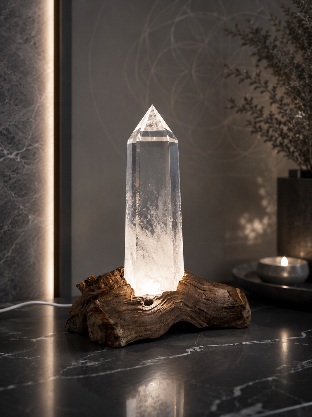Kristalllampe aus Bergkristall XXL mit LED Beleuchtung und Naturholz