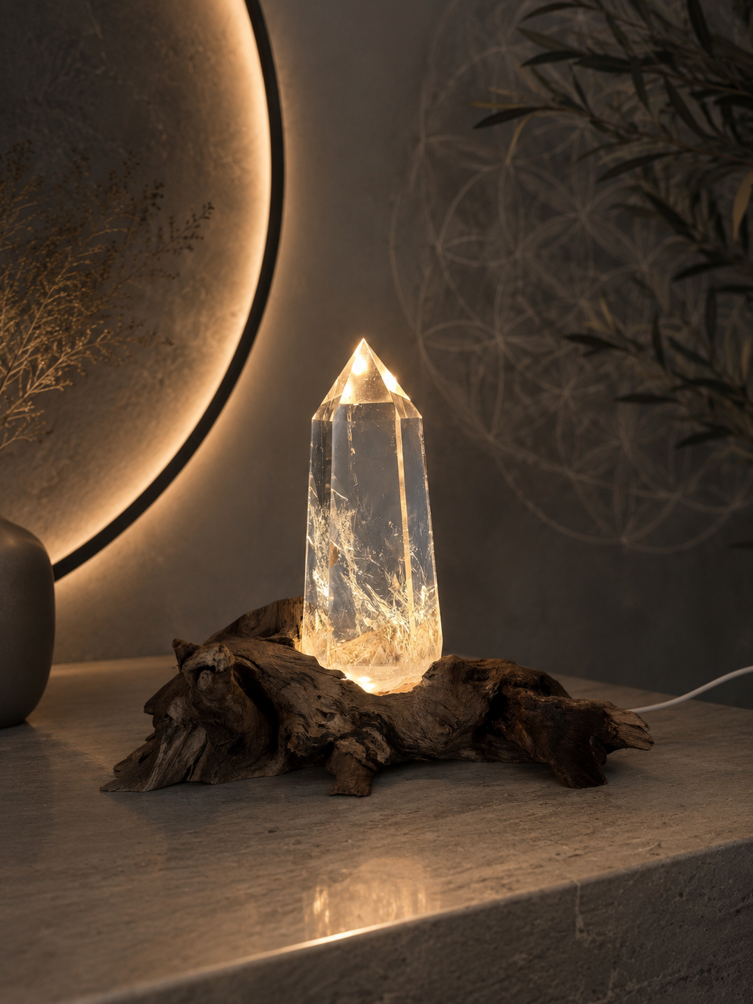 Kristalllampe aus Bergkristall mit LED auf Naturwurzel – AAA Qualität