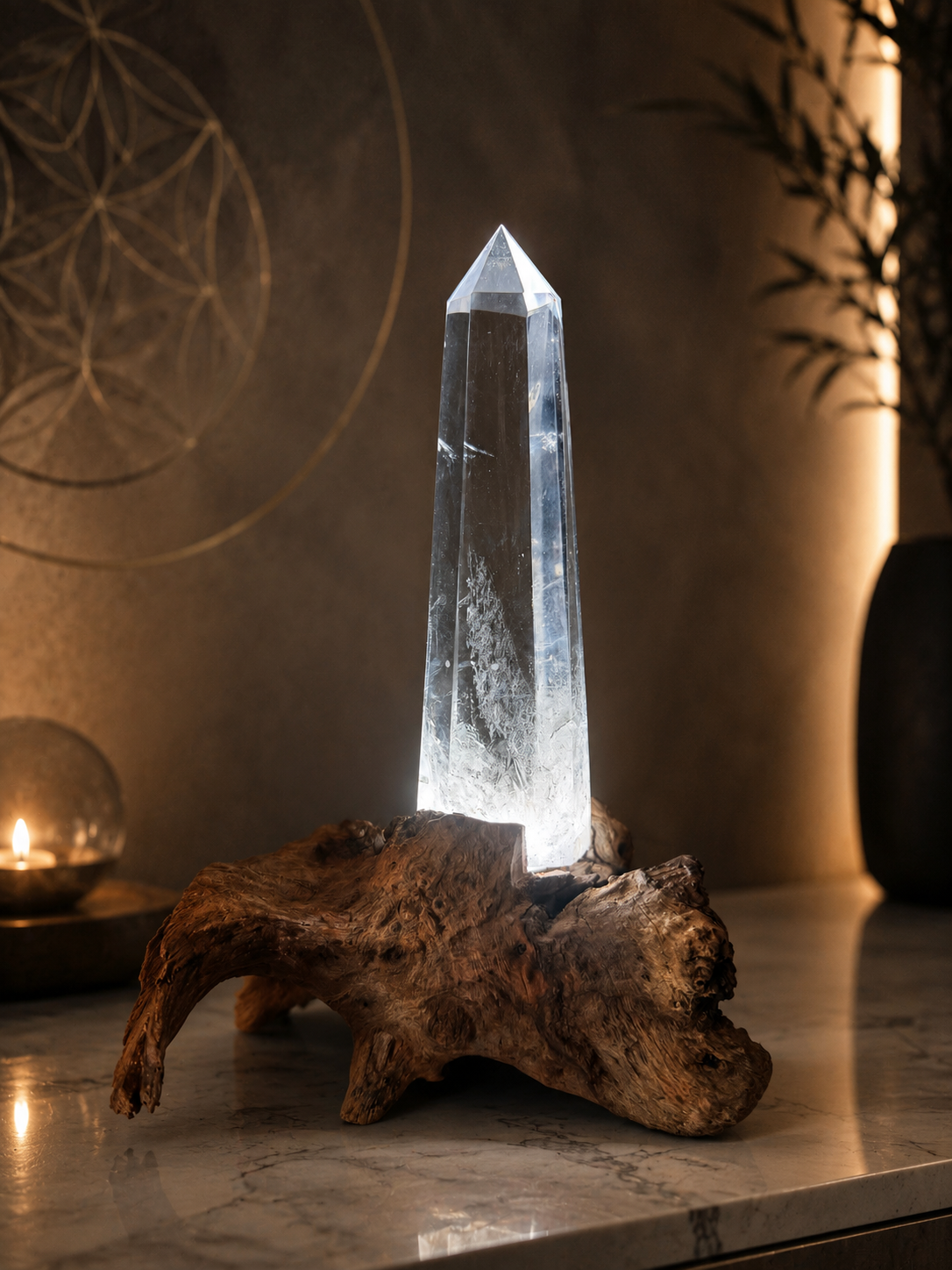 Kristalllampe aus Brasilien 19.5 cm Naturkristall auf Holzsockel