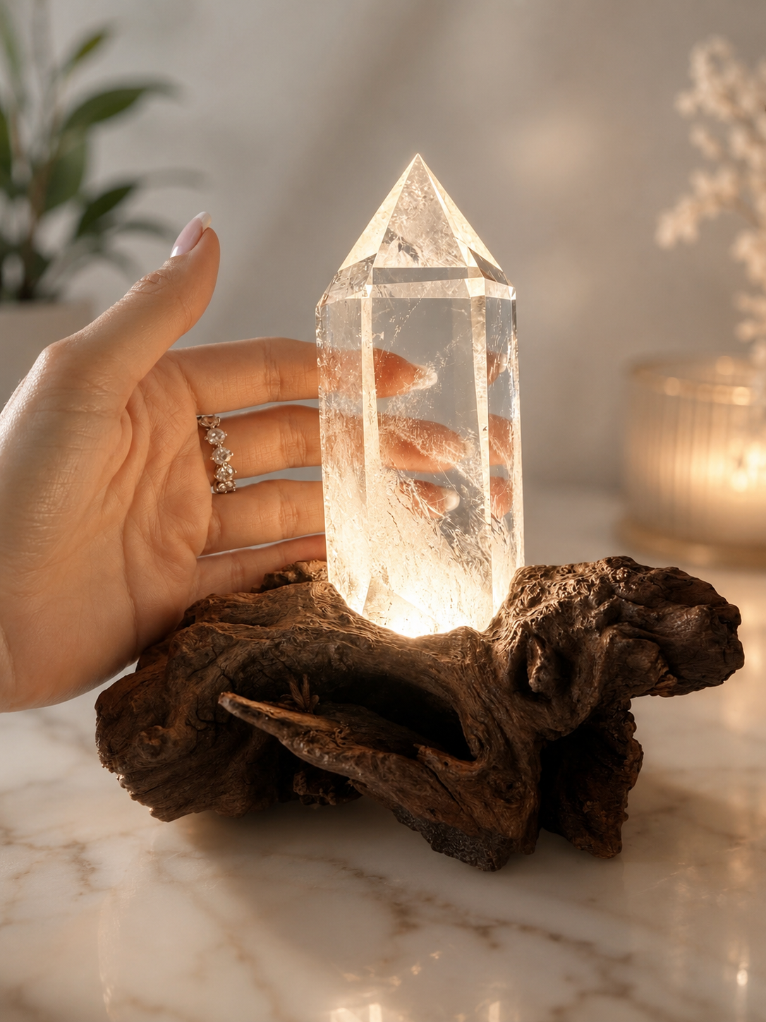 Kristalllampe aus Brasilien mit extra klarem Bergkristall und Holzsockel
