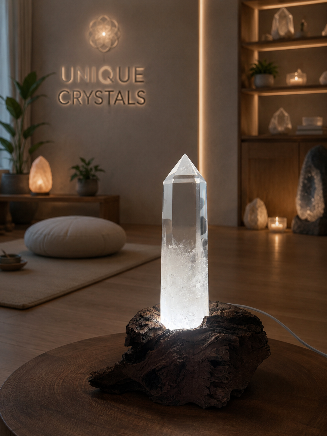 Kristalllampe aus Naturbergkristall mit LED auf Holzsockel – 16.5 cm, 457 g, Brasilien Unikat