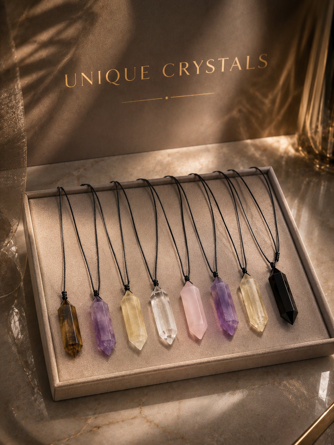 Kristallspitze Anhänger mit Lederkette | Citrin, Amethyst, Bergkristall & mehr | Unisex