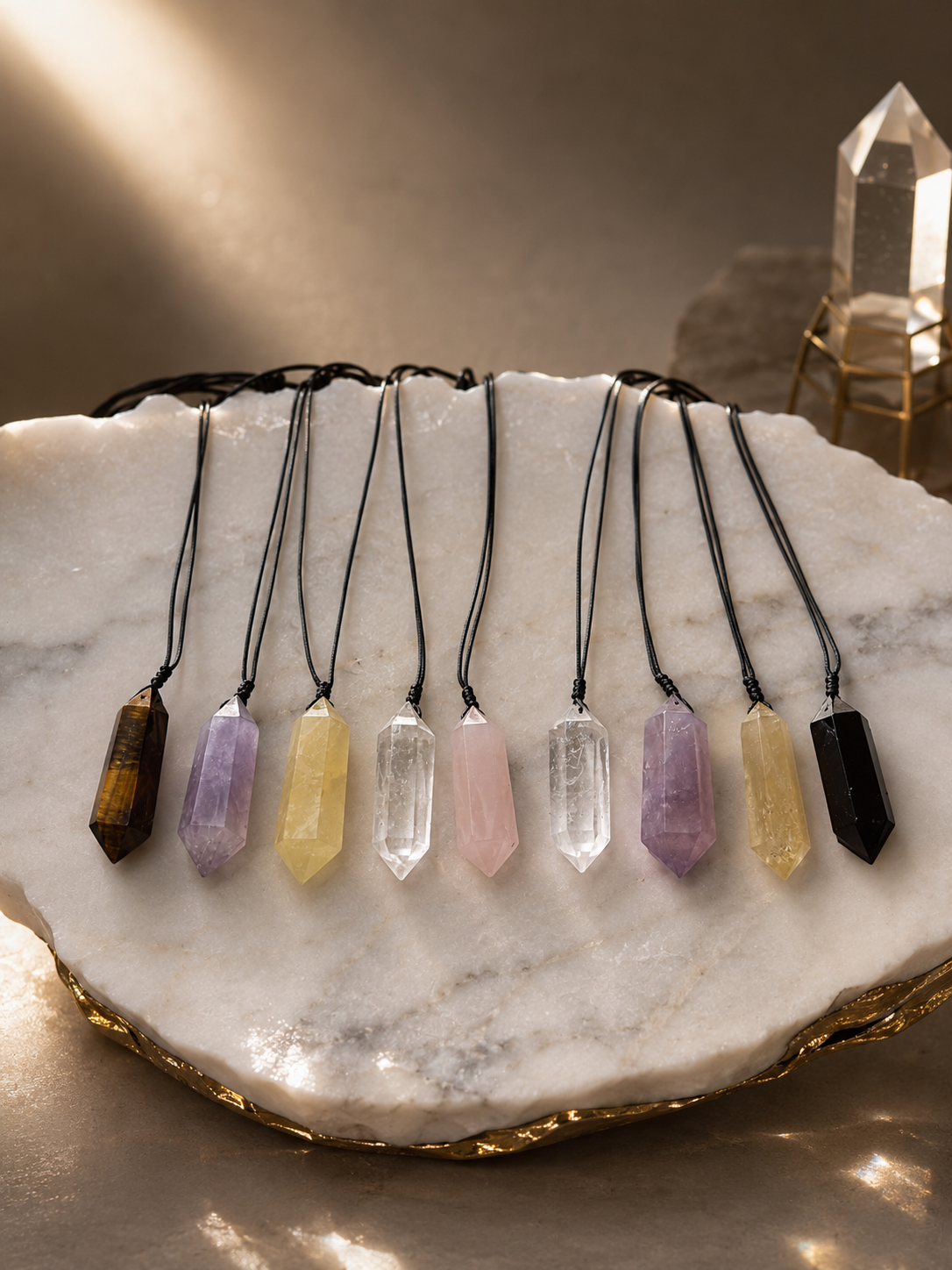 Kristallspitze Anhänger mit Lederkette – Citrin, Amethyst, Bergkristall & mehr | Unisex