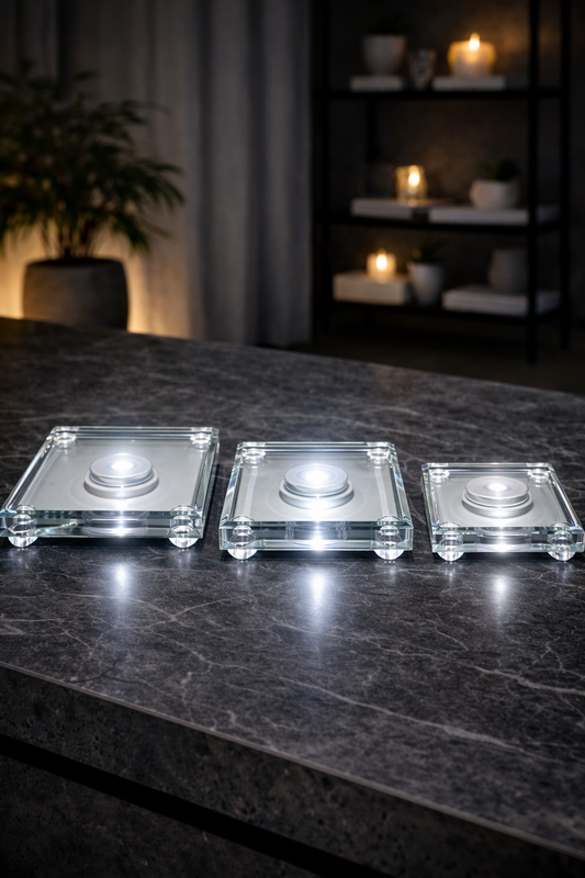 LED-Acrylsockel 5×5×3 cm mit Standfüsschen für Kristalle