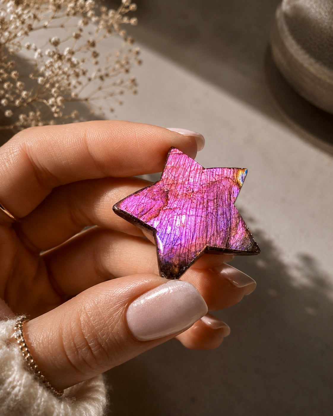 Labradorit-Stern 3.2 cm – Pink-Gold Flash – Edelstein, handmade & selten
