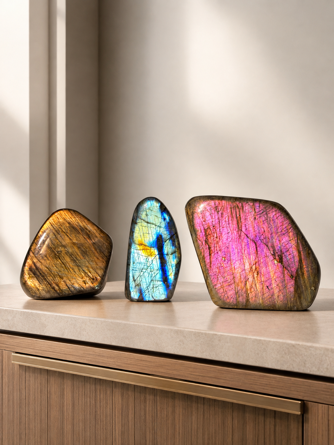 Labradorit Kraftstein mit intensivem Farbspiel in Pink, Gold und Blau
