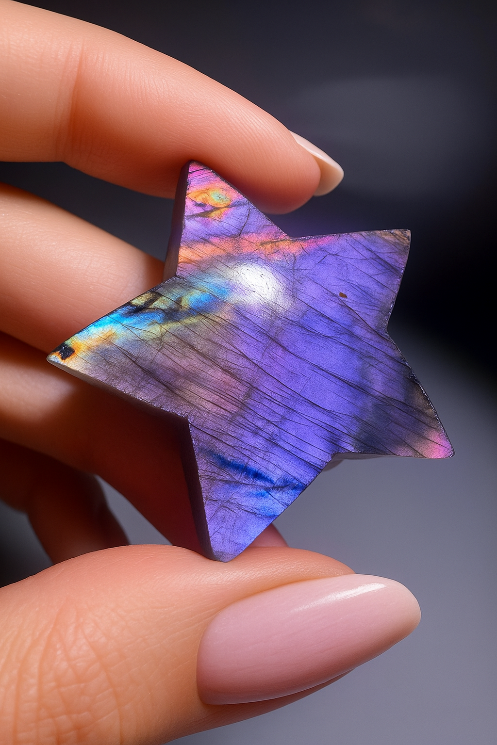 Labradorit Stern kaufen – Handgeschliffen 3.7 cm mit beidseitigem Lila-Pink Flash 