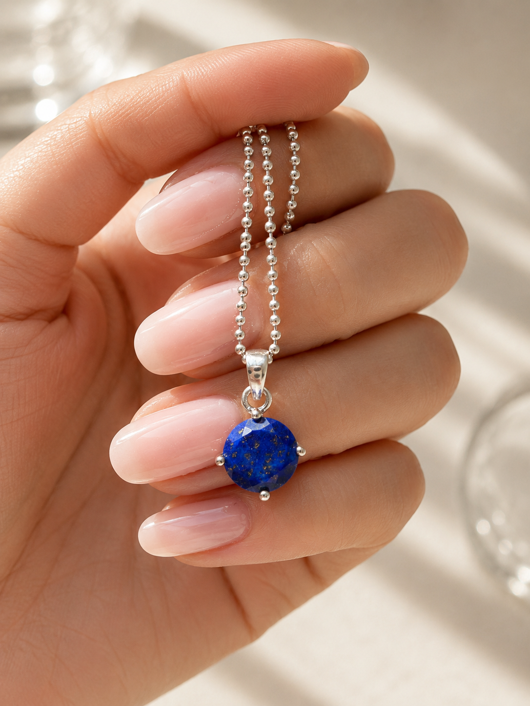 Lapislazuli Anhänger 6 mm 925 Silber – runder Edelstein Anhänger, Krappenfassung