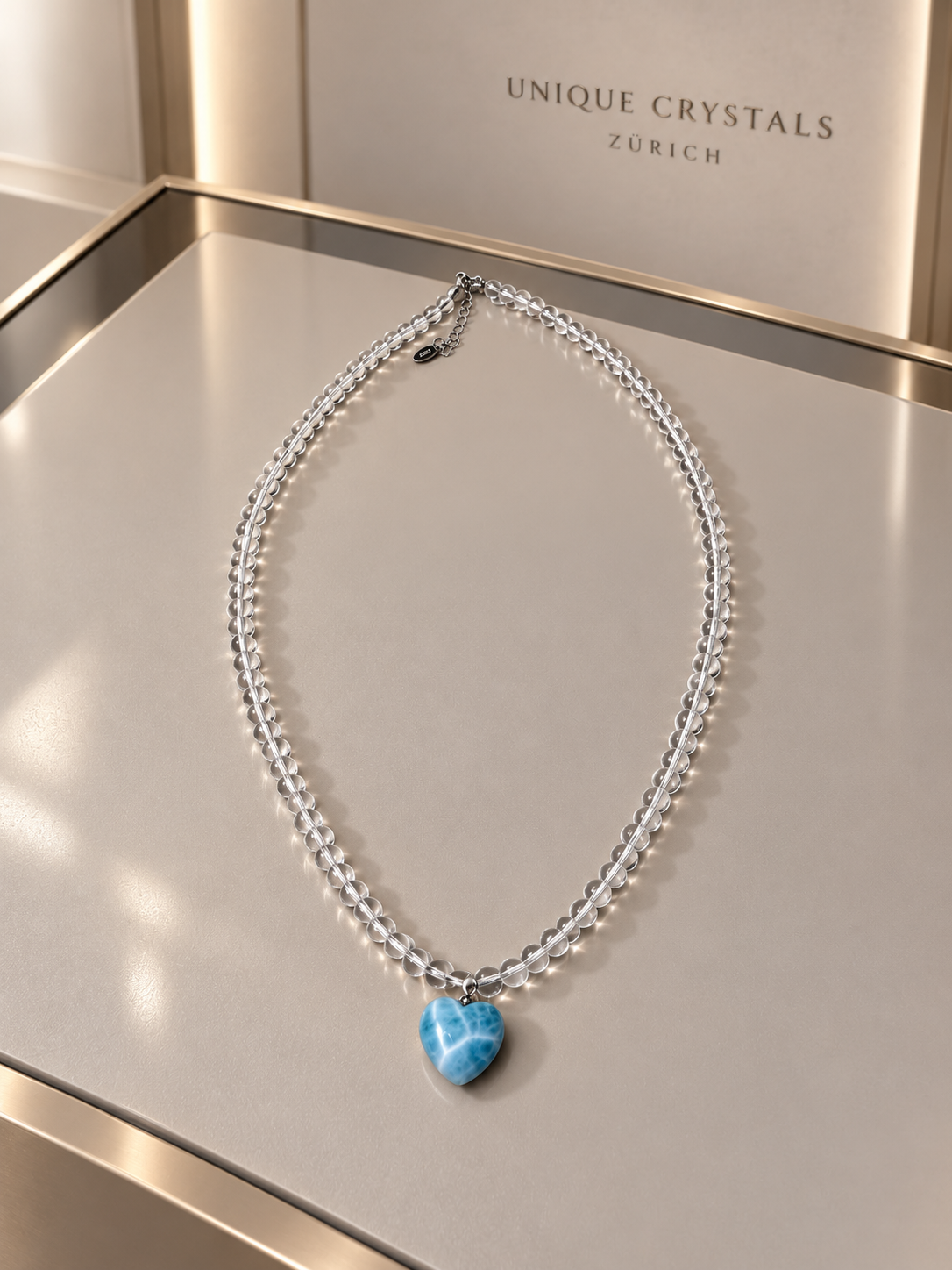 Larimar-Herz-Kette mit Bergkristallperlen aus 925 Silber