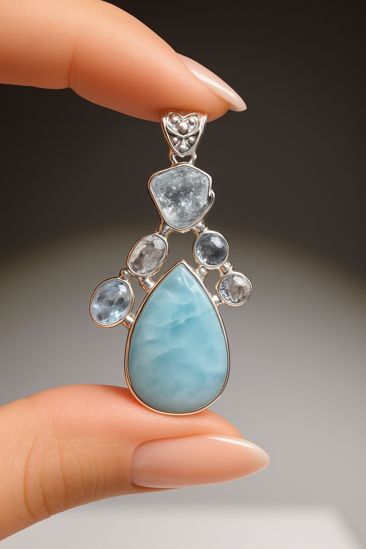 Larimar Anhänger Sterling Silber mit Aquamarin und Herkimer Diamond – Handmade Schmuckstück