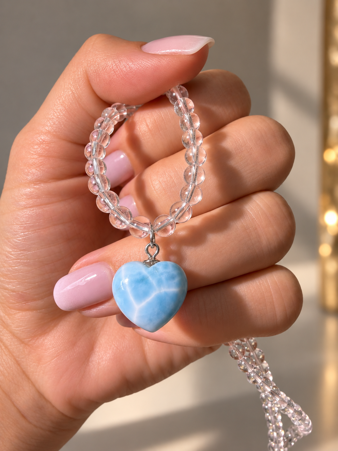 Larimar Herz Anhänger mit Bergkristall Perlenkette aus 925 Sterling Silber, 40 plus 3 cm