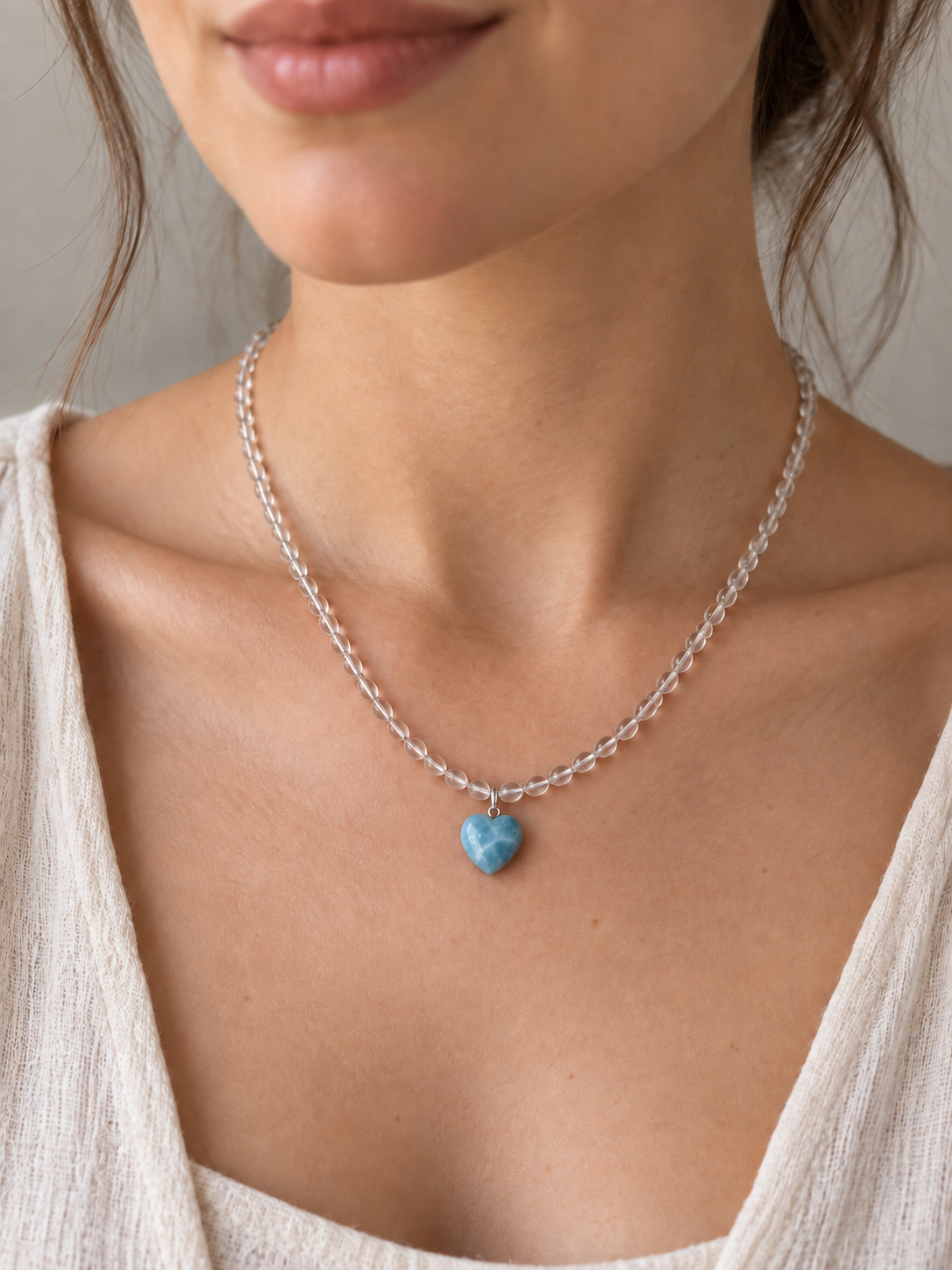 Larimar Herz Kette mit extra klaren Bergkristallperlen 925 Silber