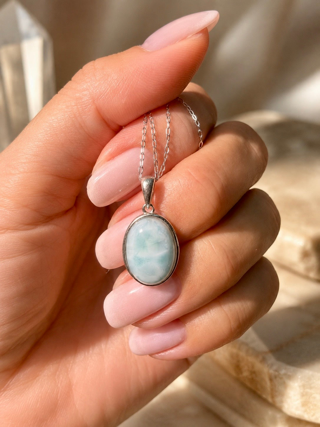 Larimar Kette mit karibisch blauem Naturstein und 925 Silber