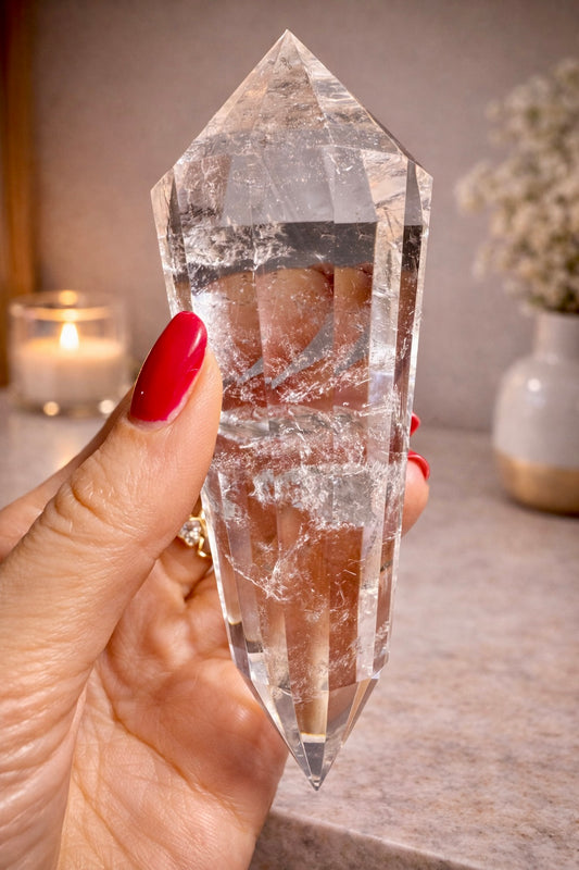 Lemuria Vogel-Cut-Kristall aus ultra klarem Bergkristall, 12 Facetten 12cm