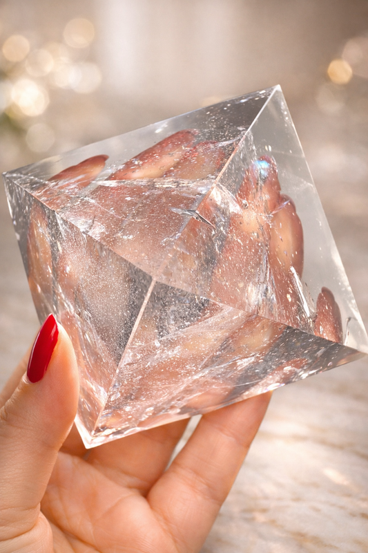 Lemurian Bergkristall-Pyramide 9 cm hoch, 624 g schwer, ultraklar mit feinen Regenbogenreflexen