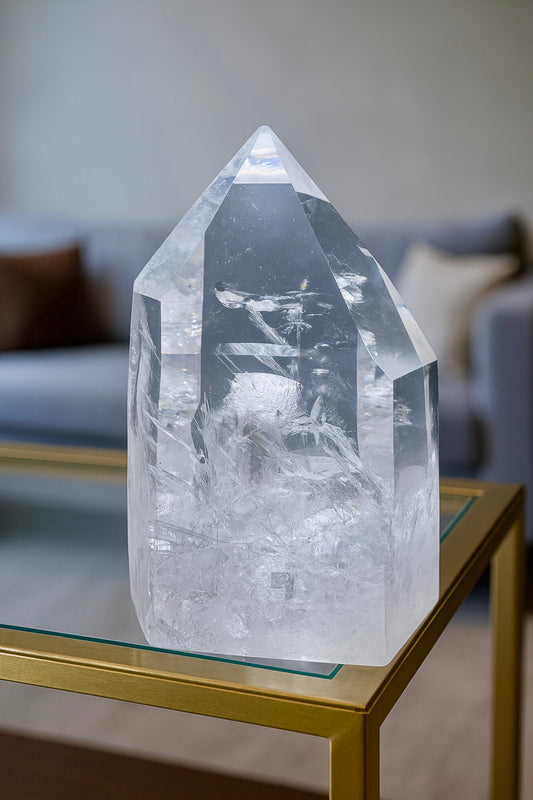 Lemurian Bergkristall 15.5 cm – Glasklare Premium-Spitze aus Bahia