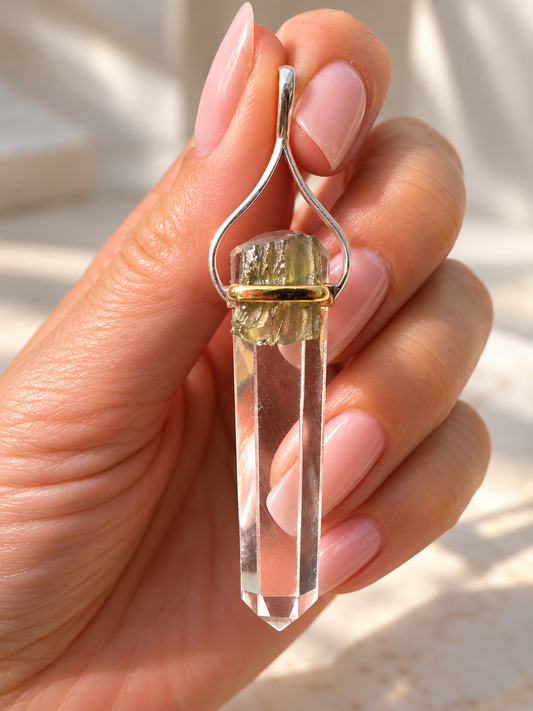 Lemurian Bergkristall Anhänger mit Moldavit, 925 Silber